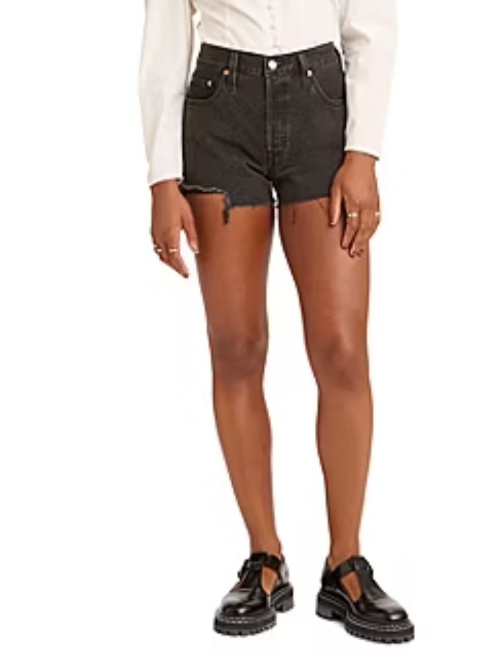 * Levi's Women's 501 Original High Rise Denim Distressed Short Black Wash Sz 27